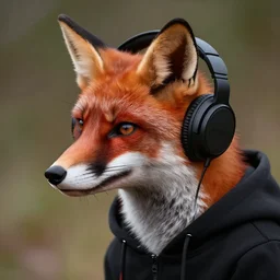 a close-up profile shot of a red fox in a black hoodie with headphones, digital art picture, highly detailed, artstation - n7