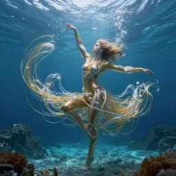 a woman dancing in an underwater landscape has a body made of thousands of thin computer cables of translucent gold and silver that are twisting, swirling, and pulling apart in the swift current, caustics lighting blue water from above, highly detailed, fantasy, octane render