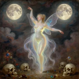 concept art of translucent glowing curvy buxom fairy dancing, renaissance, flowy, melting, round moons, rich clouds, very detailed, volumetric light, mist, fine art, decaying, textured oil over canvas, epic fantasy art, very colorful, ornate intricate scales, floor of skulls, fractal gems, 8 k