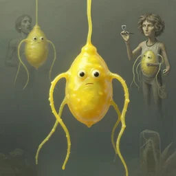 human amoeba by greg rutkowski and gerald brom and norman rockwell and gil elvgren, opaque yellow liquid, tendrils, ooze