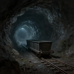 inside a dark claustrophobic mineshaft with minecart rails, a fantasy digital painting by, greg rutkowski and james gurney, trending on artstation, highly detailed
