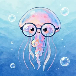 a cute jellyfish wearing glasses, glasses frames, artstation, water bubbles, watercolor and pen