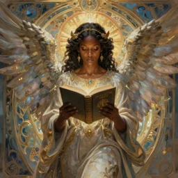 beautiful black woman, gorgeous angel reading from the book of life and death, intricate, d & d, wide shot, powerful, fantasy, art nouveau, digital painting, trending on artstation, sharp focus, medium shot, illustration, holy, divine, angelic beauty, global illumination, ray tracing, art by artgerm and greg rutkowski and ruan jia