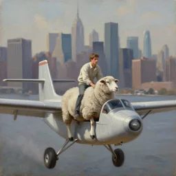 sheep riding on a small aircraft with wings, manhattan skyline backdrop, oil on canvas, cinematic lighting, high detail