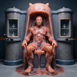 a perfect colour violent photograph of a human test specimen in a silicone police station designed in a hyper ridiculous manner. the bulbous chambers are adorned with cryptic threatening hieroglyphs. the man is engulfed by runny gelatinous squids. perfect focus, studio lighting, gallery setting