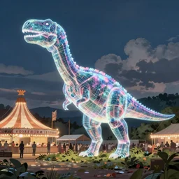 glowing hologram dinosaur at the county fair by makoto shinkai