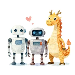watercolour illustration of a three robots, dragon, happy, friends, watercolours, paint, minimalist