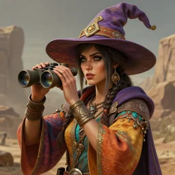 an anthropomorphic beautiful female borderlands 3 psycho portrait holding a binoculars wearing colourful robe desert theme fine art wizard hat award winning intricate elegant sharp focus octane render hyperrealistic wizard hat cinematic lighting highly detailed digital painting 8 k concept art art by jamie hewlett and z. w. gu masterpiece trending on artstation 8 k