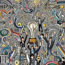 corporate Vector illustration of business people jubilant at winning a prize, colourful, high detail, broadband, streamers, fireworks