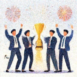 corporate Vector illustration of business people jubilant at winning a prize, colourful, high detail, broadband, streamers, fireworks