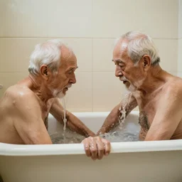two very old bodies getting out of the tub