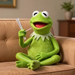 candid photo of kermit the frog sitting on the couch holding a bong, kermit the frog in ted ( 2 0 1 2 ) bong rip, kermit the frog, high resolution photo, trending on artstation, interior design, bong!!!!,