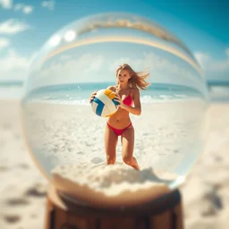 snow globe with trapped female beach volley ball player in bikini holding ball inside beach volleyball inside, depth of field, bokeh