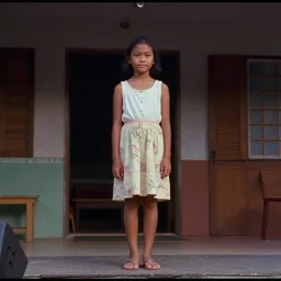 home video footage, An Indonesian girl on the small stage in her home; summer, Color VHS picture quality with mixed noise
