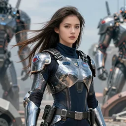 portrait photo of beautiful young female space police officer, clothed in military armor, long hair blowing in the wind, from metal gear. Future war zone behind her. by Anita Sadowska