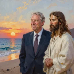 masterpiece hyper detailed painting of jacques chirac and jesus. in the background is a beach, sunset. oil panting