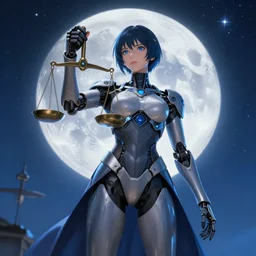 detailed, sharp, female android judge holding a Scales of Justice in exoskeleton suit surrounded by , big moon and starry sky in the background by Ilya Kuvshinov and Anna Dittmann and studio ghibli and WLOP and Rossdraws, digital art, surreal, trending on artstation, anime arts, featured on Pixiv, blue lighting, HD, 8K, highly detailed, good lighting, beautiful, epic, masterpiece