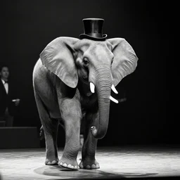 black and white elephant photo tap dancing on stage with a top hat