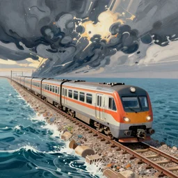 illustration, a train in the sea, dynamic composition, detailed, matte print, dynamic perspective, colorful modern, john berkey