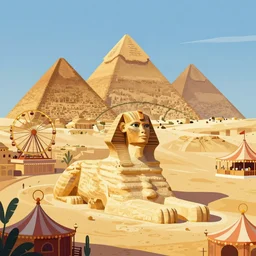 a theme park in old egypt, sphynx and pyramids visible, ferris wheel, lights, carnival, illustration, digital art by laura price