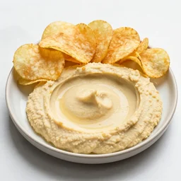 a hummus plate with potato chips, food photography