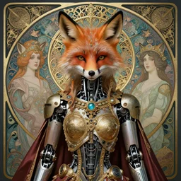 whimsical fox robot woman, detailed realistic beautiful young groovypunk queen fox robot in full regal attire. face portrait. art nouveau, symbolist, visionary, baroque, giant fractal details. horizontal symmetry by zdzisław beksinski, iris van herpen, raymond swanland and alphonse mucha. highly detailed, hyper - real, beautiful