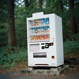 photograph of Japanese vending machine in the middle of a forest, one point perspective, 1-point perspective, tilt shift, sigma 85mm f/1.4, 4k, depth of field, high resolution, 4k, 8k, hd, full color