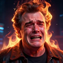 portrait of john candy crying in pain, burning in the metaverse, cyberpunk, digital art, trending on artstation, octane render