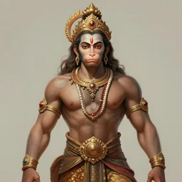 a full body portrait of beautiful ornated hanuman!!!! god with flowing medium hair, soft facial features, kind!! appearence, digital art by ross tran, krenz cushart and artem demura, symmetrical body, artgerm, portrait, muted color scheme, highly detailed, outrun art style