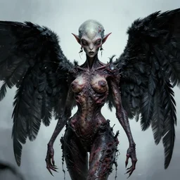 a photo of alien dark fae girlboss based on helena bonham carter mutating into insect, bumpy mottled skin, big black feathered wings instead of arms, body horror, by yoshitaka amano, by greg rutkowski, by jeremy lipkinng, by artgerm, digital art, octane render