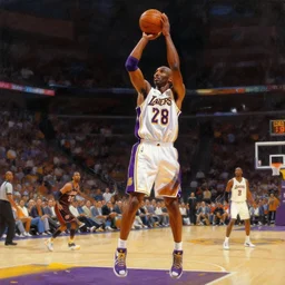 artistic expressionist painting, standalone kobi in an epic play, lakers basketball player kobi, kobi bryant scoring a hoop on the basketball court, intricate detail, award - winning, masterpiece, focus on kobi bryant