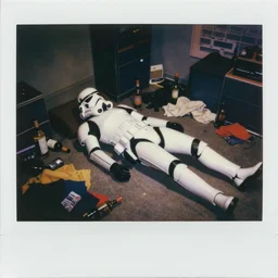 Polaroid photo, cinematic tone, A stormtrooper lying on their backs on the floor, cluttered 80s American room, liquor bottles and clothes scattered on the floor
