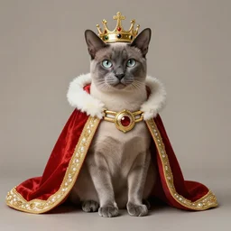 gray burmese cat wearing royal crown and robes sitting on thrown, artstation, fantasy
