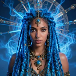 portrait of Afrofuturism shaman woman with a nose-ring, blue dreadlocks and ornate beams of blue energy swirling around her. Her eyes gaze fiercely