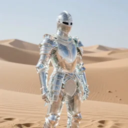a knight in translucent crystal armor in the desert surrounded by sand dunes, greg rutkowski, 8 k, shallow depth of field, intricate detail, concept art,