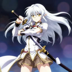 renaissance anime brave elf girl with white skin, katana in hand, wide golden eyes, hair blowing the wind, strong pose, trending art, fashion photography, centered, fate zero, extremely high detailed, bokeh color background, studio glibly makoto shinkai, wlop