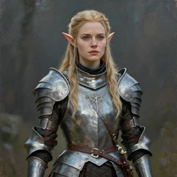 a movie still frame, a beautiful female elf knight in armor, medium portrait, oil on linen, high quality, hi resolution, trending on artstation, movie concept art,