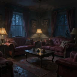 hyper realist matte digital painting of a haunted living room at night, fantasy art, photo realistic, dynamic lighting, artstation, volumetric lighting