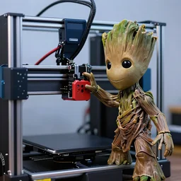 groot hitting a 3 d printer, sharp focus,