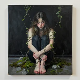 portrait an emo girl in her apartment, wrapped in vines, black walls, puddles, moss, stone, acrylic on canvas