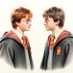 coloured pencil drawing of charachters from harry potter looking at each other, trending