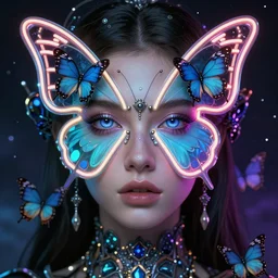 a portrait of a beautiful attractive girl with a neon butterfly face head, very detailed fixed eyes, butterflies, cult secret society, cosmic magic, art by james paick, and shaddy safadi, ominous, cosmic horror, trending on artstation, ultra detailed, hyper realistic 4 k, octane, cinema 4 d, c 4 d beeple render