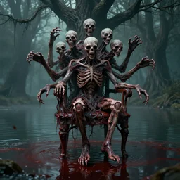 a portrait of ( a monster with five heads, twelve arms, and sixteen legs ), sitting on ( chair made of human limbs ), ( the chair is floating in a lake of blood ), ( in the lake is a giant melting tree ), digital art, hyperrealistic nightmare scene, supernatural, highly detailed, creepy, terrifying