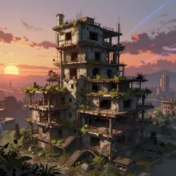 a beautiful ultradetailed anime illustration of urbex abandoned nature city architecture patio unfinished building industrial architecture building by ted nasmith, alien uranus sunset landscape at dawn at dusk laser sci - fi poppy atlantis, archdaily, wallpaper, highly detailed, trending on artstation.