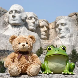 a teddy bear and a frog carved as a stone head at mount rushmore