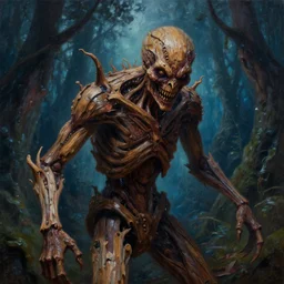 hyper realistic oil painting of a highly detailed horrible and cruel creature made of wood, by night. magical forest background. complex and highly detailed, no noise, no grain, clear render, no blur, horror movie scene, octane render, greg rutkowski style.