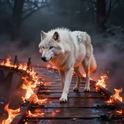 a white wolf walking on a burning bridge, artstation, jakub rozalski, high detail, dramatic lighting, night, fog