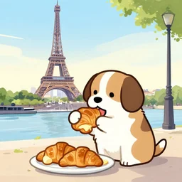 dog eating croissants in paris cartoon