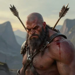 head and shoulders masterpiece portrait of ork warrior struck by an arrow in the shoulder, bleeding, tired, desolated mountains in the distance, surreal background, digital art by krenz cushart, trending on artstation, cgsociety