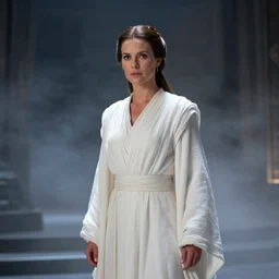 film still of goldie hawn as princess leia in star wars movie, long braided hair pulled back, wearing long white robe in a sith temple, deep focus, glamour pose, dramatic lighting, octane, mist, steve mccurry, volumetric lighting, 8 k